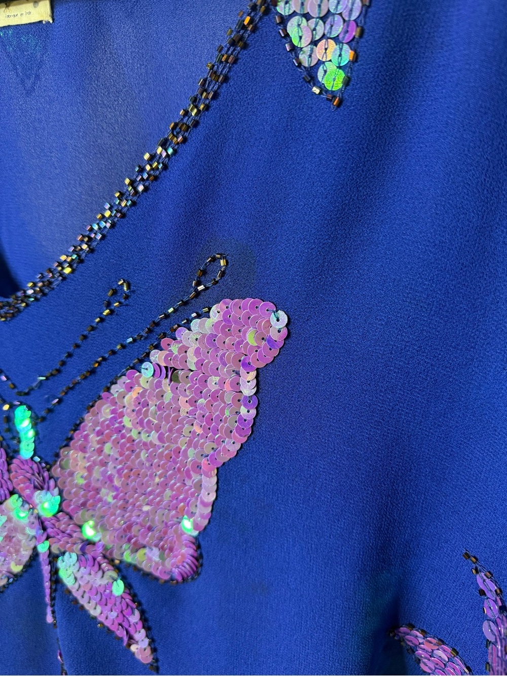Free People Blue Butterfly Sequin Crop Top Blouse EUC SZ M - Picture 8 of 9